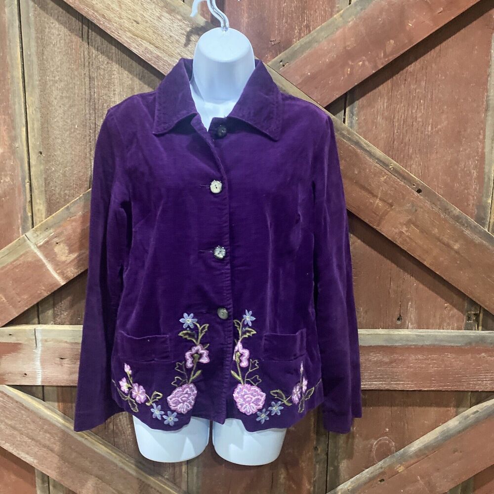 Chadwicks Velvet Floral Embroidered Blazer Size 8 Medium Whimsi Goth Dark Purple